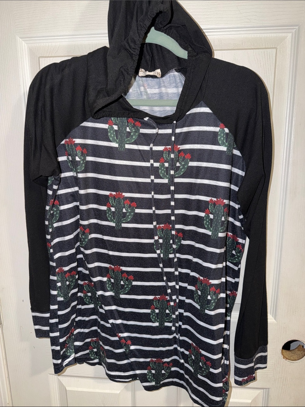 Women’s Black & White Striped Hoodie with Cactus Print